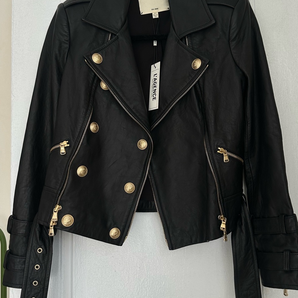 L'AGENCE Black Leather Jacket with Gold Accents